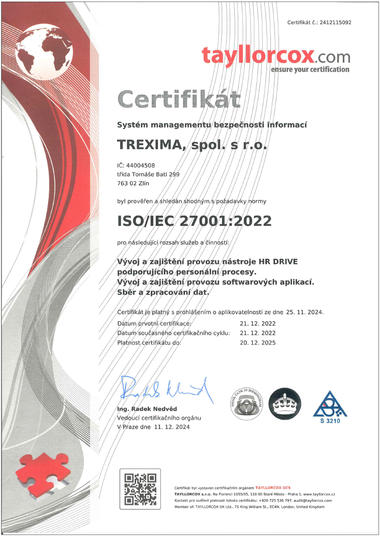 HR Drive - Certifikát -  ISO/IEC 27001:2013